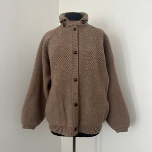 Orvis Cardigan Sweater Women XL Brown Wool Chunky Knit Mock Neck Grandpa Cabin